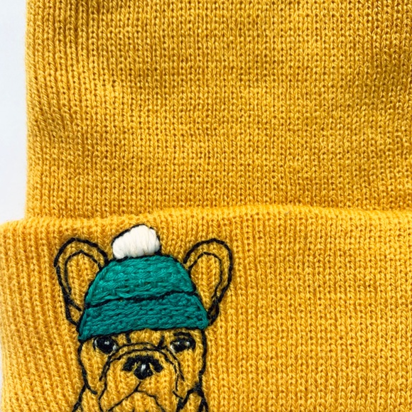 Mustard Yellow Frenchie Hand Embroidered Kids Winter Hat Beanie - Picture 2 of 3